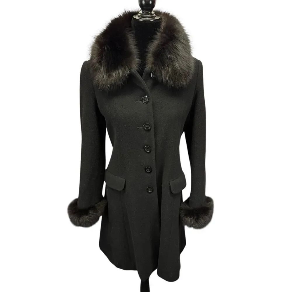 Marvin Richards Vintage Black Lambswool Coat Real Fur Trim Black P 6 small USA